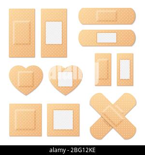 Set di vettori adesivi per cerotti medici elastici per bendaggio. Illustrazione di cerotto medico, cerotto elastico Illustrazione Vettoriale