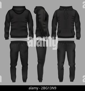Felpa con cappuccio e pantaloni sportivi neri con cappuccio e mockup vettoriale isolato. Abbigliamento sportivo con felpa, pantaloni di moda maschile e felpa illustrazione Illustrazione Vettoriale