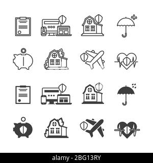 Set di icone per la vita, la protezione della casa e la linea di sicurezza. Illustrazione vettoriale Illustrazione Vettoriale