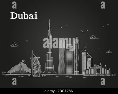 Panorama bianco lineare di Dubai con skyline ed edifici famosi. Illustrazione vettoriale Illustrazione Vettoriale