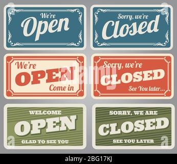Cartelli vintage open e closed Vector Shop. Banner retrò per negozi aperti e negozi chiusi per l'illustrazione della porta Illustrazione Vettoriale