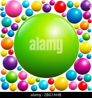 Palla verde circondata da molte sfere colorate - illustrazione su sfondo bianco. Foto Stock