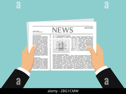 Disegno piatto realistico delle mani del manager dell'uomo. Tiene e legge un giornale con un articolo su coronavirus pandemic - vettore Illustrazione Vettoriale