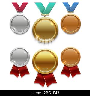Medaglie premio Champion oro, argento e bronzo con nastri rossi e colorati isolati su sfondo bianco. Premio sportivo medaglia con nastro. Illustrazione vettoriale Illustrazione Vettoriale