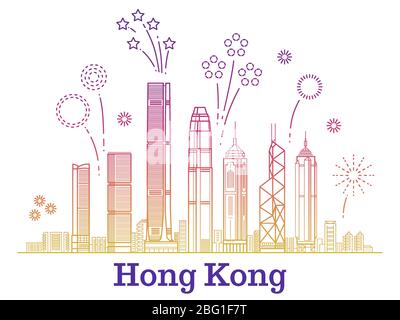 Panorama vettoriale della città di Hong kong con fuochi d'artificio colorati e festosi. Hong kong costruzione grattacielo illustrazione Illustrazione Vettoriale