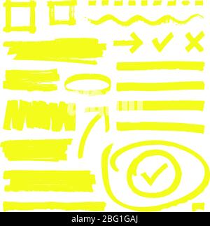 Linee di evidenziatore giallo, frecce e scatole di cornice con grana materiale vettoriale isolato. Tracciare la linea della mano e l'evidenziatore giallo Illustrazione Vettoriale