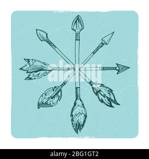 Frecce boho disegnate a mano - frecce windrose fregio emblema. Illustrazione vettoriale Illustrazione Vettoriale