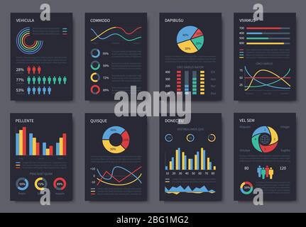 Modello di brochure vettoriale per infografica aziendale multiuso per la presentazione. Grafici, diagrammi ed elementi infografici su pagine scure. Illustrazione di Illustrazione Vettoriale