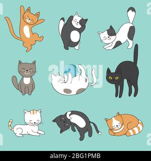 Cool doodle astratto gatti vettori caratteri. Gattini disegnati a mano. Personaggio divertente animale, mascotte felina soffice illustrazione Illustrazione Vettoriale