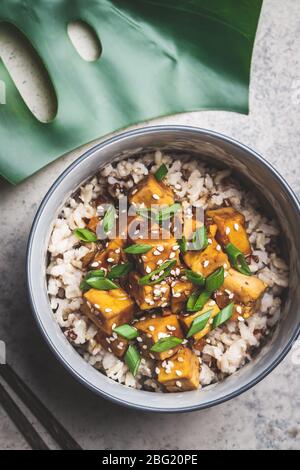 Tofu marinato con semi di sesamo, cipolle verdi e riso marrone in una ciotola su sfondo grigio. Cucina asiatica. Foto Stock