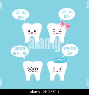 Carino dente emoji icona set con bolle di speach isolato su sfondo blu. Flat kawaii design ragazza e ragazzi emoticon dentali. Collezione denti emozioni Illustrazione Vettoriale
