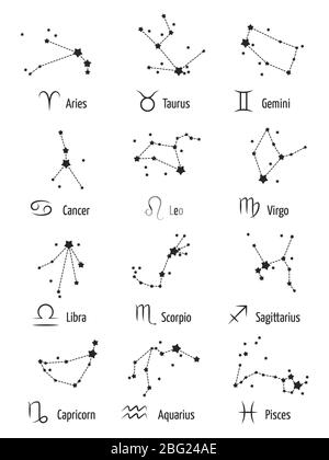 Segni zodiacali simboli oroscopo astrologia icone - stelle costellazioni zodiacali isolate su sfondo bianco. Astrologia e costellazione zodiacica per ho Illustrazione Vettoriale