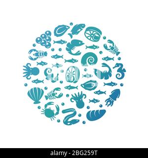 Ocean LIFE colorato concetto rotondo - mare cibo emblema design. Pesci marini e oceanici, animali subacquei e frutti di mare. Illustrazione vettoriale Illustrazione Vettoriale