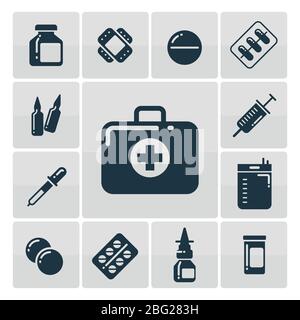 Set icone di silhouette kit di pronto soccorso - icone accessori medicine. Illustrazione vettoriale Illustrazione Vettoriale