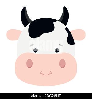Cute macchiato mucca sorridente faccia vettore icona isolato su sfondo bianco. Disegno cartoon piatto divertente fattoria testa animale illustrazione. Illustrazione Vettoriale