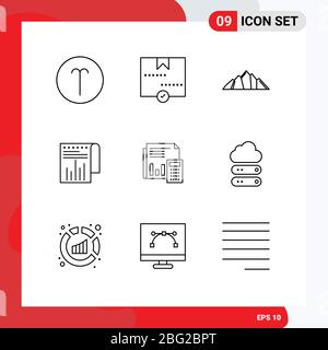 Universal Icon Symbols Gruppo di 9 moderni profili di report, finanziari, pacchi, business, montagna Editable Vector Design Elements Illustrazione Vettoriale