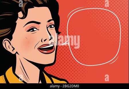 Bella giovane donna parla. Vettore pop art retro comic Illustrazione Vettoriale