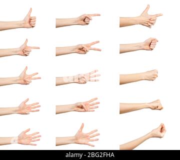 Gesti multipli della mano femminile caucasica isolati su sfondo bianco, insieme di immagini multiple. Foto Stock