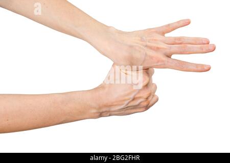 Donna caucasica lavando le mani isolato su sfondo bianco. Dimostrazione del lavaggio delle mani. Concetto di igiene e prevenzione coronavirus. Foto Stock