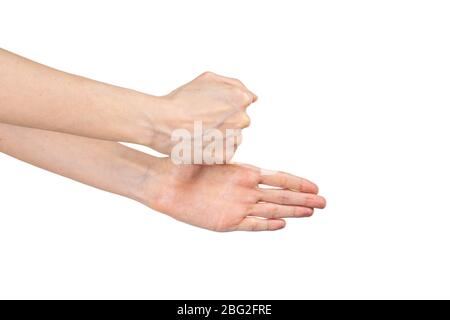 Donna caucasica lavando le mani isolato su sfondo bianco. Dimostrazione del lavaggio delle mani. Concetto di igiene e prevenzione coronavirus. Foto Stock