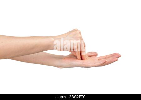 Donna caucasica lavando le mani isolato su sfondo bianco. Dimostrazione del lavaggio delle mani. Concetto di igiene e prevenzione coronavirus. Foto Stock