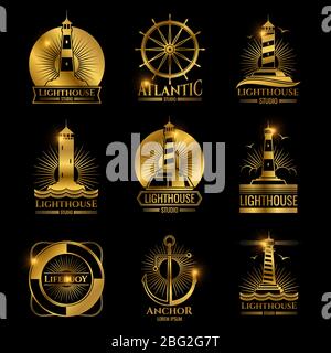 Etichette d'oro nautiche d'epoca con casa leggera, barca a mare e ancore. Illustrazione vettoriale Illustrazione Vettoriale