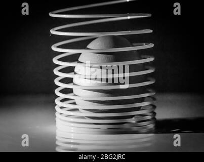 Un'immagine artsy in bianco e nero di un uovo all'interno di una primavera Foto Stock