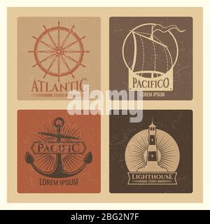 Etichette nautiche d'epoca con casa leggera, barca a mare e ancore. Vecchi striscioni di marina grunge. Illustrazione vettoriale Illustrazione Vettoriale