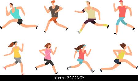 Atleta uomo e donna che corre. I corridori di gente energici in insieme vettoriale di abbigliamento sportivo. Atleta sportivo run and fitness, illustrazione di runner donna e uomo Illustrazione Vettoriale