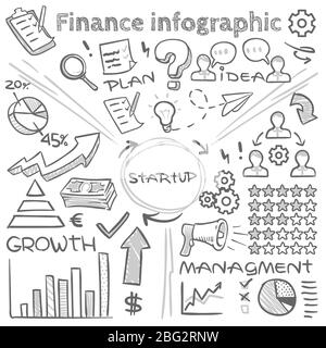 Infografica dei vettori finanziari disegnata a mano con grafici a dodle e diagrammi di schizzo. Grafico finanziario e diagramma doodle schizzo, infografica freccia dra Illustrazione Vettoriale