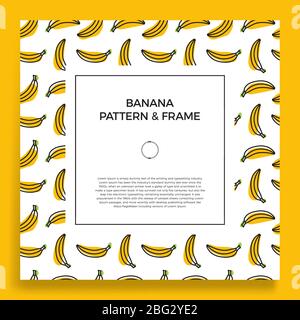 Una cartolina di saluto quadrata con motivi di banana senza cuciture. Banner Vector frame con banane di frutta gialle. Illustrazione estiva con spazio vuoto per t Illustrazione Vettoriale