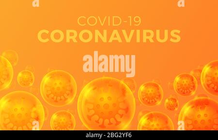 Futuristico Coronavirus o Covid-19 web banner template con cellula di virus incandescente su palla lucida realistica in colore arancione. Illustrazione Vettoriale