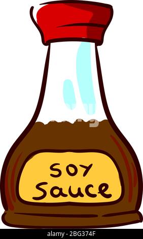 Salsa di soia in bottiglia, illustrazione, vettore su sfondo bianco Illustrazione Vettoriale