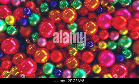 Molti giocattoli multi-colored di natale palle di sfondo texture rendere. Illustrazione 3D. Vista dall'alto Foto Stock