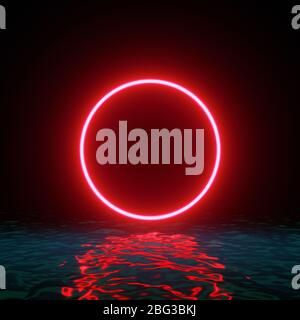 Anello luminoso al neon rosso con riflessi su acqua, luci, onde astratto sfondo vintage, ultravioletto, spettro colori vibranti, laser sh Foto Stock