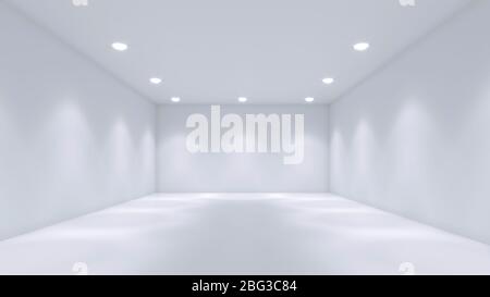 Camera bianca vuota con faretti - galleria, prodotto o modello interno moderno, illustrazione 3D Foto Stock