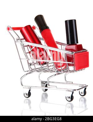 Cosmetici in cart isolati su bianco Foto Stock