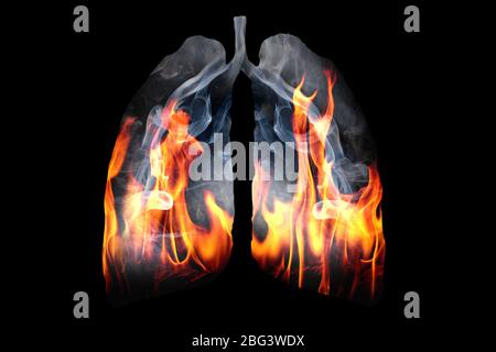 Illustrazione di un fumo tossico e formazione di fuoco di fiamma a forma di polmone umano, il concetto di sigaretta fumatore polmoni su sfondo nero Foto Stock