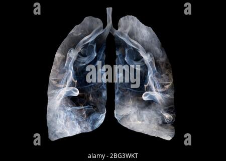 Illustrazione di una formazione di fumo tossico a forma di polmone umano, il concetto di sigaretta fumatore polmoni su sfondo nero Foto Stock