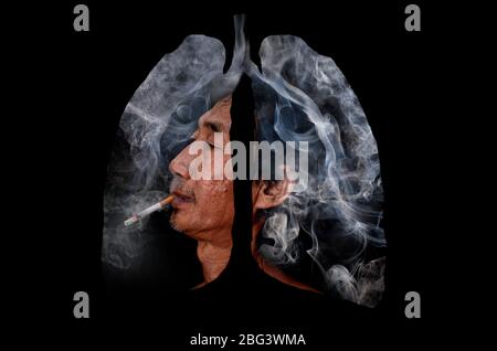 Illustrazione del vecchio e fumo tossico e formazione di fuoco di fiamma modellato come il polmone umano, il concetto di sigaretta fumatore polmoni su nero backgrou Foto Stock