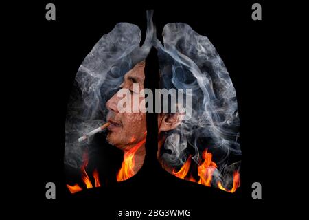 Illustrazione del vecchio e fumo tossico e formazione di fuoco di fiamma modellato come il polmone umano, il concetto di sigaretta fumatore polmoni su nero backgrou Foto Stock