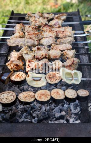 Fette di carne succose con salsa e verdure tritate cucinano sul fuoco Foto Stock