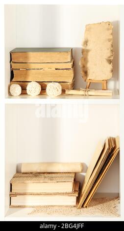 Libri su scaffali bianchi Foto Stock