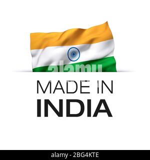 Made in India - etichetta di garanzia con bandiera indiana ondeggiante. Foto Stock