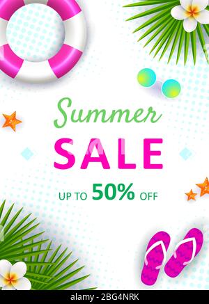 Banner Summer sale, poster sconto stagione calda con foglie tropicali, gelato, anguria e occhiali da sole. Invito a fare acquisti con il 50% di sconto Illustrazione Vettoriale
