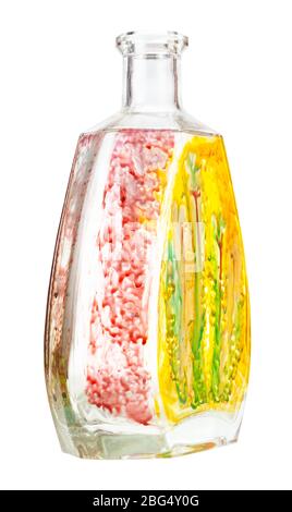 pittura vetro - bottiglia di brandy di vetro dipinta a mano isolata su sfondo bianco Foto Stock