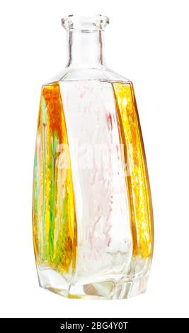 pittura vetro - bottiglia di brandy di vetro dipinta a mano isolata su sfondo bianco Foto Stock