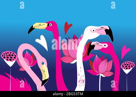Bellissimi ritratti di grafica di fenicotteri rosa con fiori di loto su sfondo blu Illustrazione Vettoriale