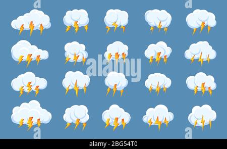 Set di icone di fulmini tempesta nube. Progettare il simbolo meteo per il Web o l'app. Segno tempesta logo, tuoni e fulmini colpire. Illustrazione vettoriale isolata con segnale di scarica flash lucido rapido diverso Illustrazione Vettoriale