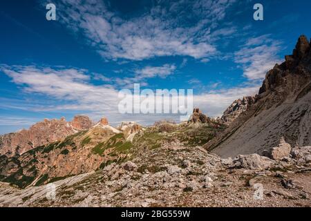 Vista panoramica sulle Dolomiti. Rifugio Antonio Locatelli. Foto Stock